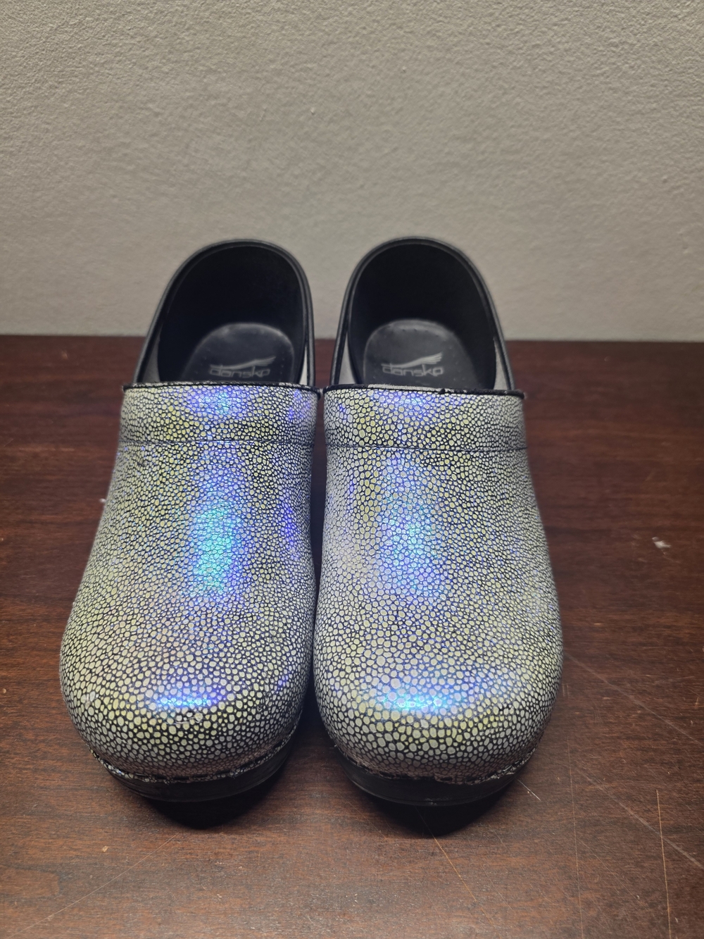 Dansko Iridescent Silver Pebbled Leather Clogs